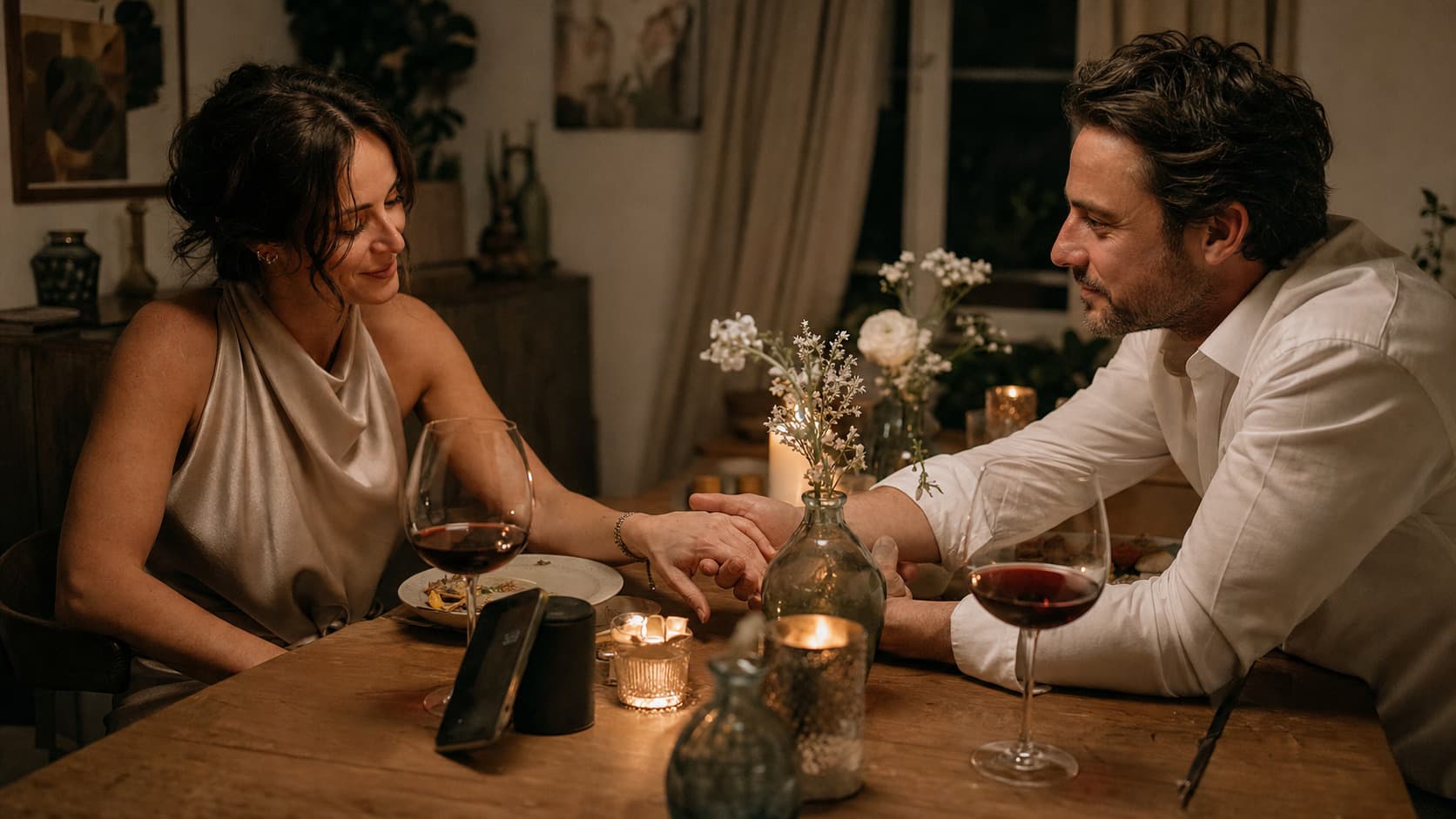 A couple at a candlelit anniversary dinner, pressing play