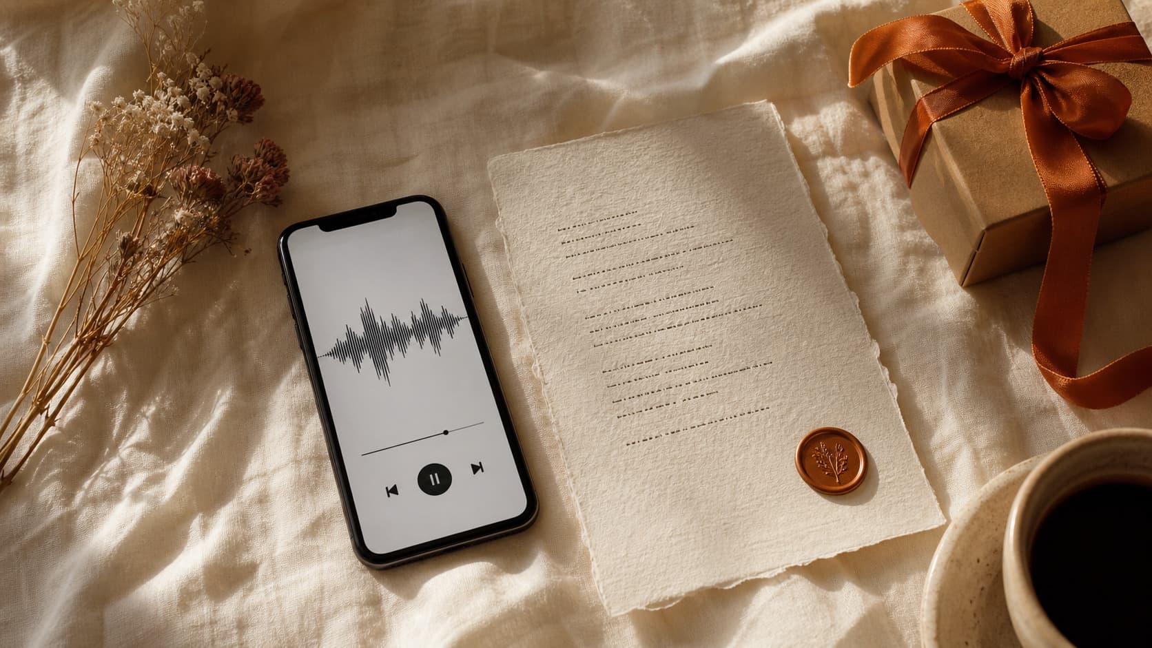 The gift: a phone with the song, a printed lyric sheet with a wax seal, a wrapped box
