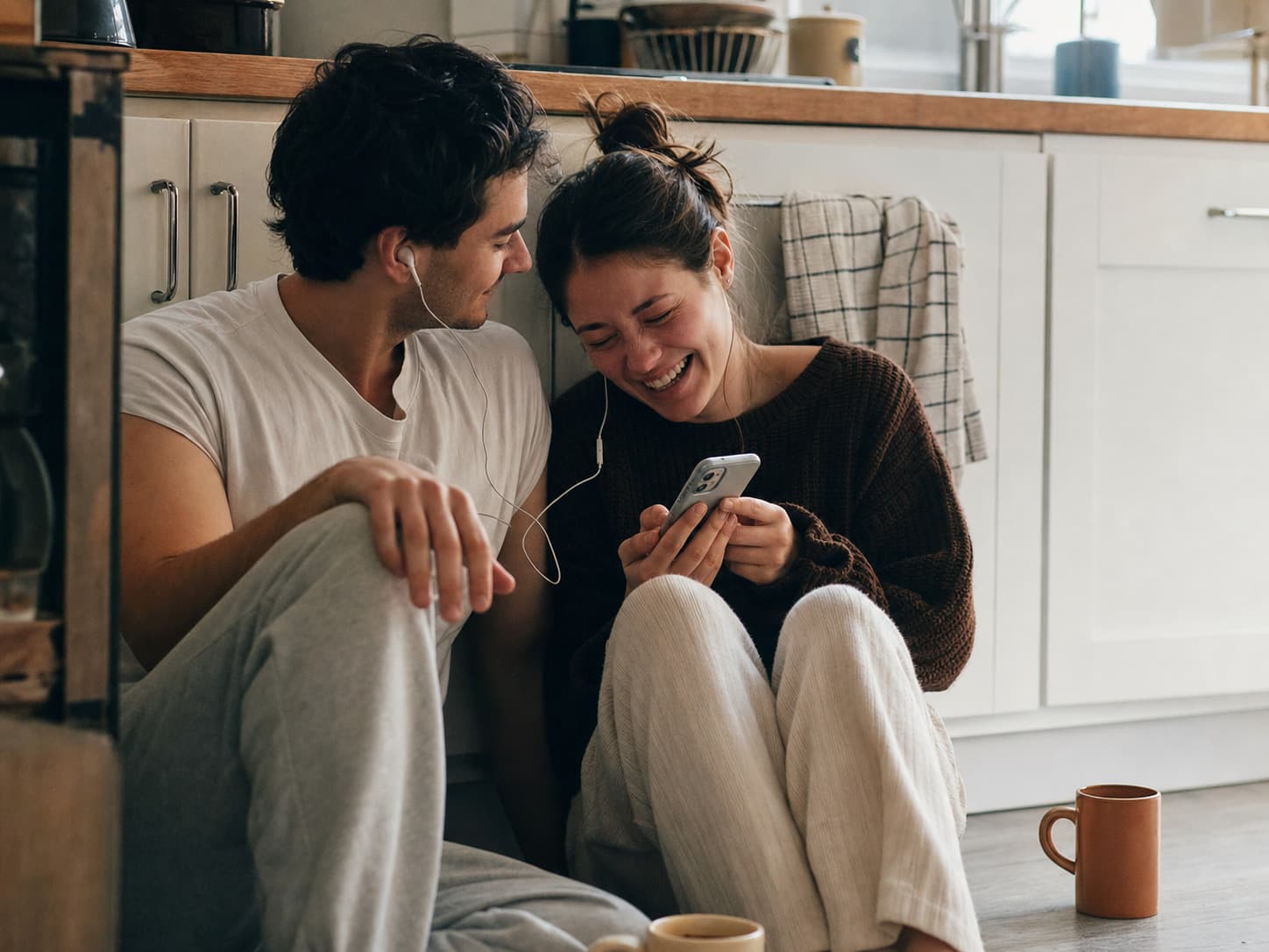 A young couple sharing earbuds on the kitchen floor, laughing at the song